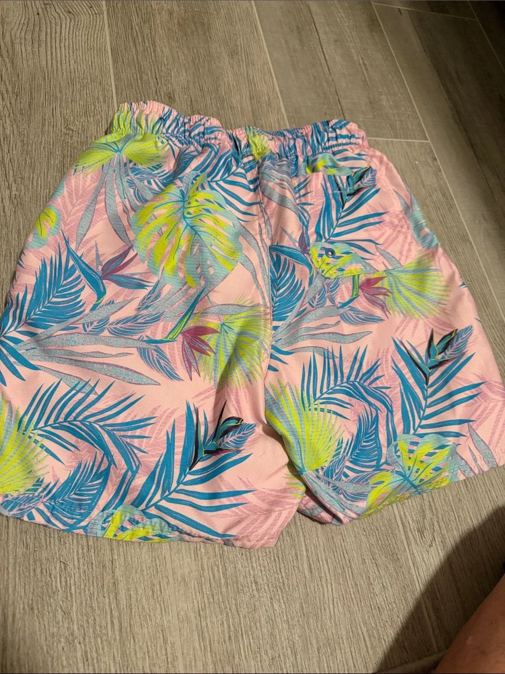 Men's Ron Jon’s Pink Tropical Swim Trunks with Blue Drawstring